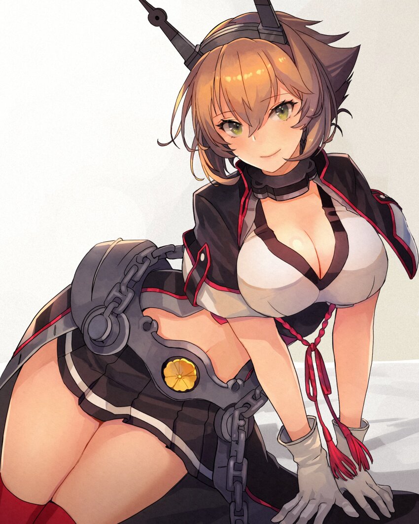 1girl absurdres black_skirt breasts brown_hair chain cleavage closed_mouth gloves green_eyes hair_between_eyes headgear highres kantai_collection kasumi_(skchkko) large_breasts looking_at_viewer mutsu_(kancolle) mutsu_kai_ni_(kancolle) pleated_skirt short_hair skirt smile solo white_gloves