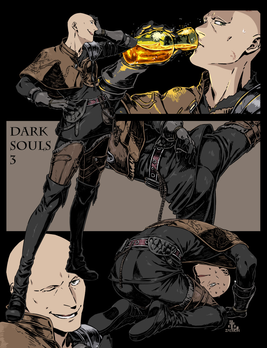 1boy absurdres armor ass bald black_background black_footwear black_gloves black_pants boots brown_background dark_souls_(series) dark_souls_iii drinking estus_flask gloves hand_on_own_face hand_on_own_hip highres kamezaemon leg_up long_sleeves lower_teeth_only male_focus multiple_views one_eye_closed pants patches_(fromsoftware) prostration shoulder_armor smile standing sweat teeth thigh_boots thighhighs