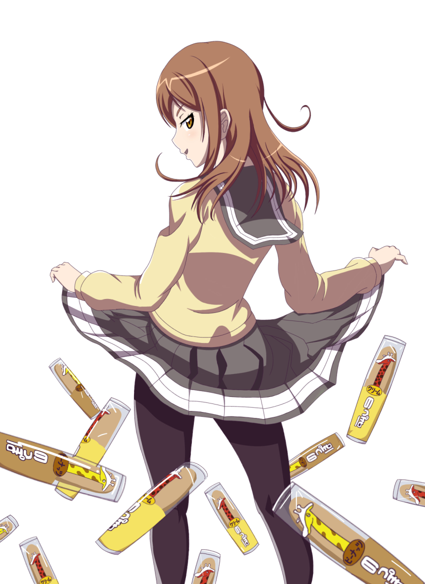 1girl bakemonogatari black_pantyhose brown_eyes brown_hair buson_(buson0629) clothes_lift commentary_request grey_skirt highres kunikida_hanamaru lifting_own_clothes long_hair long_sleeves looking_at_viewer looking_back love_live! love_live!_sunshine!! monogatari_(series) noppo_bread open_mouth pantyhose parody school_uniform senjougahara_pose skirt skirt_lift smirk sweater uranohoshi_school_uniform white_background yellow_sweater