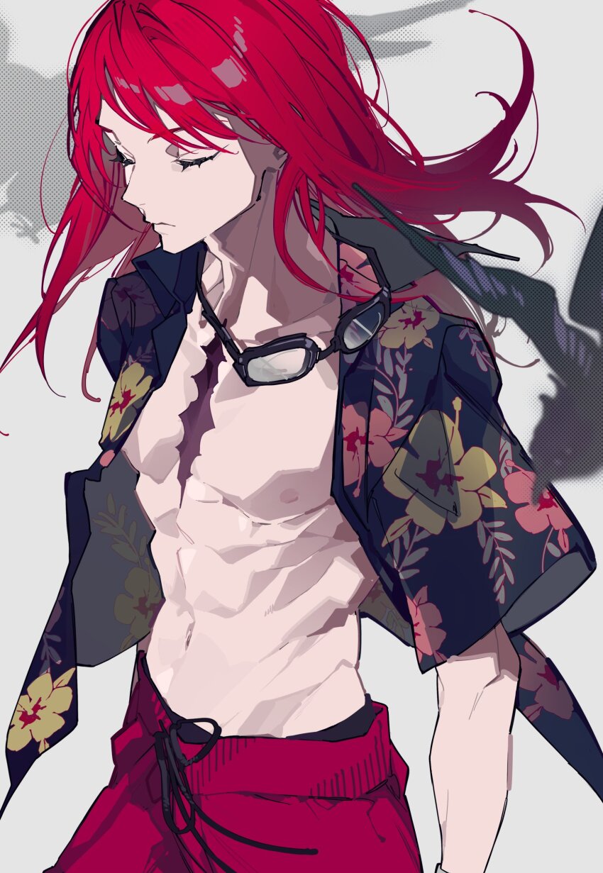1boy abs absurdres bird black_shirt closed_eyes closed_mouth crow fate/grand_order fate_(series) grey_hair hair_between_eyes hawaiian_shirt highres long_hair male_focus mochizuki_kei muscular muscular_male nipples open_clothes open_shirt red_hair red_shorts scar scar_on_chest shirt short_sleeves shorts simple_background solo tristan_(chicken_of_luluhawa)_(fate) tristan_(fate)