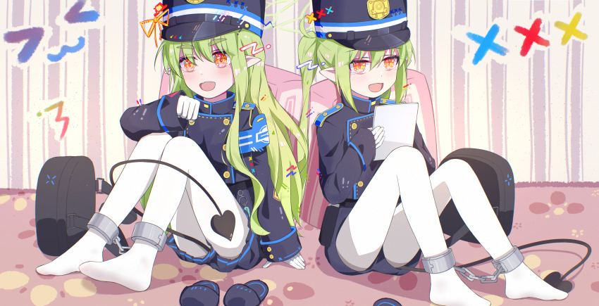 ! !! 2girls :d abigcarrot_owo absurdres arm_support armband backpack bag belt black_bag black_belt blue_archive blue_armband blue_hat blue_jacket blue_shorts blue_skirt blue_slippers blush bound bound_legs buttoned_cuffs buttons charm_(object) chinese_commentary cropped_jacket cuffs demon_tail dot_nose double-breasted fang full_body gloves green_hair green_halo halo hand_up hat highres hikari_(blue_archive) holding holding_tablet_pc indoors jacket kaomoji kepi knees_together_feet_apart knees_up legs legs_apart long_hair long_sleeves looking_ahead looking_at_viewer military_hat military_uniform miniskirt multiple_girls no_shoes nozomi_(blue_archive) on_floor open_mouth pantyhose peaked_cap pleated_skirt pointy_ears shackles short_shorts shorts siblings sidelocks sisters sitting skin_fang skirt sleeve_cuffs sleeves_past_wrists slippers smile striped_wall tablet_pc tail tail_around_own_leg thick_eyebrows twins twintails unworn_backpack unworn_bag unworn_slippers very_long_hair white_gloves white_pantyhose yellow_eyes