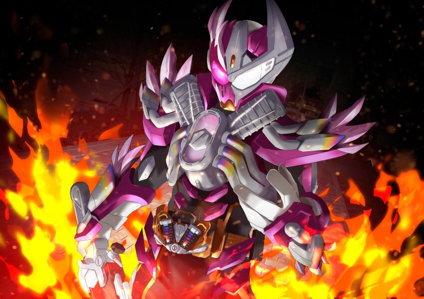 1boy absurdres armor asymmetrical_armor bolt_(hardware) commentary_request fiery_background fire foreshortening gloves helmet heterochromia highres holding holding_sword holding_weapon kamen_rider kamen_rider_gotchard_(series) kamen_rider_valvarad male_focus miyabi_(037) pink_eyes power_armor rider_belt shoulder_spikes smoke solo spikes sword tokusatsu valvarusher weapon white_eyes white_gloves