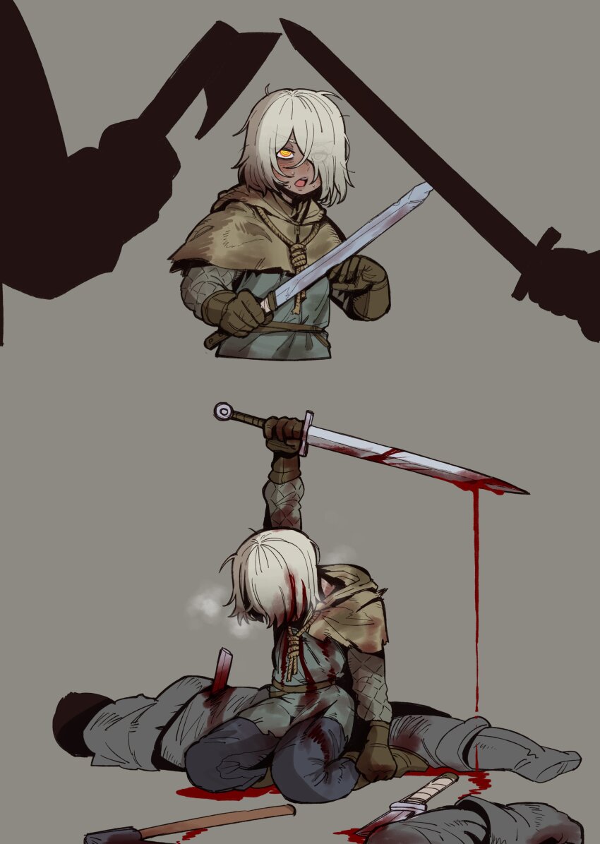 1girl 2boys absurdres after_battle arm_up axe blood blood_drip blood_on_clothes broken broken_sword broken_weapon brown_gloves capelet commentary corpse cropped_torso dark-skinned_female dark_skin death ebonyxh english_commentary gloves grey_background hair_over_eyes hair_over_one_eye hatchet_(axe) heavy_breathing highres holding holding_sword holding_weapon injury multiple_boys noose open_mouth original pants simple_background sitting solaria_(ebonyxh) sword weapon white_hair yellow_eyes