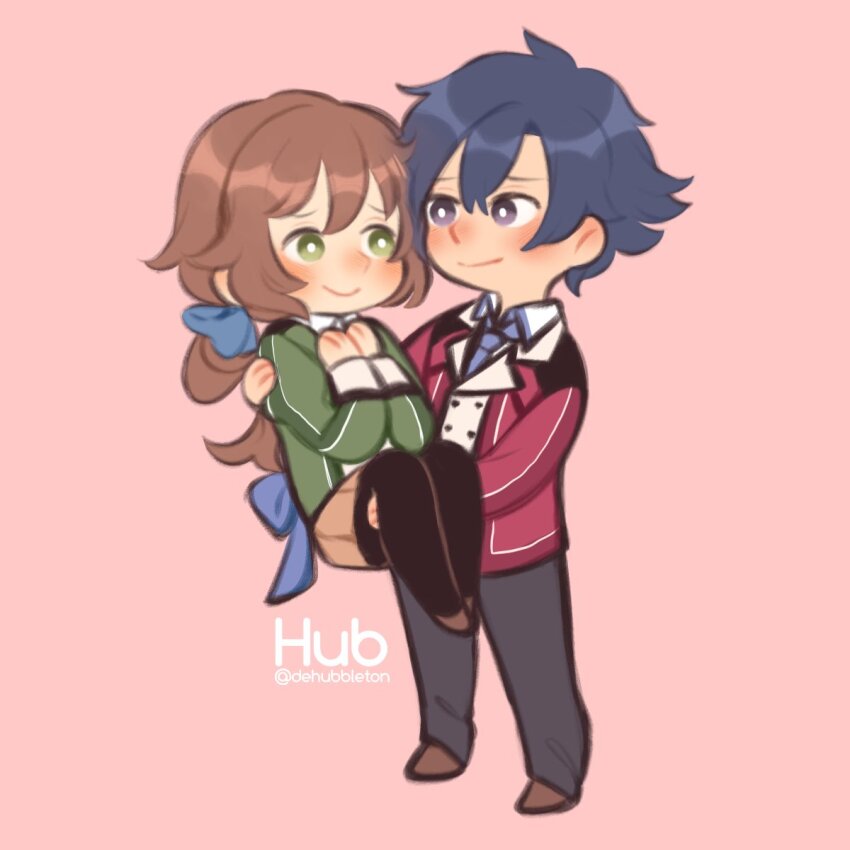 1boy 1girl back_bow black_hair blush bow brown_hair carrying carrying_person chibi commentary commission couple dehubbleton double-parted_bangs eiyuu_densetsu embarrassed english_commentary english_text green_eyes hair_between_eyes hair_bow highres jacket long_hair necktie pants pink_background princess_carry purple_eyes rean_schwarzer school_uniform sen_no_kiseki_(series) sen_no_kiseki_i short_hair sideburns simple_background smile thighhighs thors_military_academy_class_vii_uniform thors_military_academy_school_uniform towa_herschel twitter_username