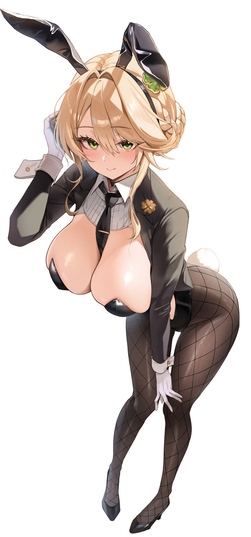 1girl absurdres ade_(agent_bunny)_(nikke) ade_(nikke) animal_ear_hairband animal_ears bent_over between_breasts black_necktie braid breasts bun_with_braided_base cleavage clover_hair_ornament clover_pin fake_animal_ears fankey fishnet_pantyhose fishnets four-leaf_clover_hair_ornament full_body goddess_of_victory:_nikke hair_ornament hairband hanging_breasts highres large_breasts leaning_forward medium_sidelocks necktie necktie_between_breasts official_alternate_costume pantyhose playboy_bunny rabbit_ear_hairband rabbit_ears simple_background solo thighs undersized_breast_cup white_background