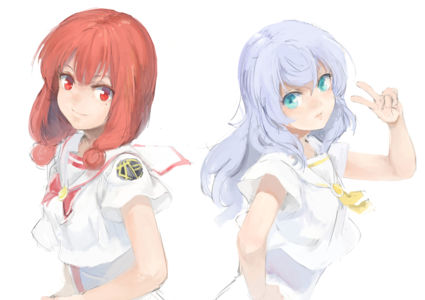 00s 2girls anya_dostoyevskaya aria_(manga) azusa_mclaren blouse blue_eyes blue_hair highres himeya_company_uniform kuroko_(piii) mole mole_under_eye multiple_girls no_headwear orange_planet_uniform red_eyes red_hair shirt short_hair simple_background smile v white_background white_shirt