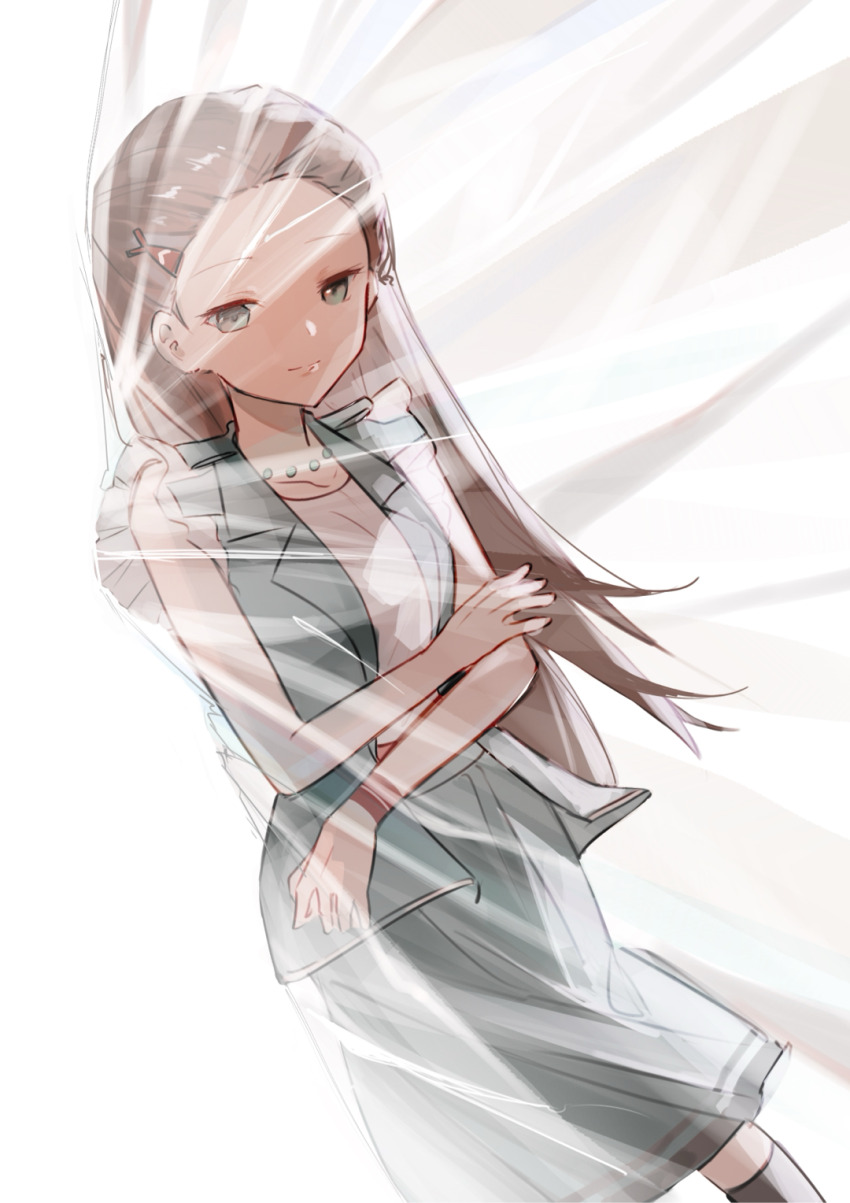 1girl aqua_eyes bangs_pinned_back brown_hair fish_hair_ornament forehead hair_ornament heaven_burns_red highres jewelry kr_woyue long_hair ooshima_niina skirt sleeveless solo vest
