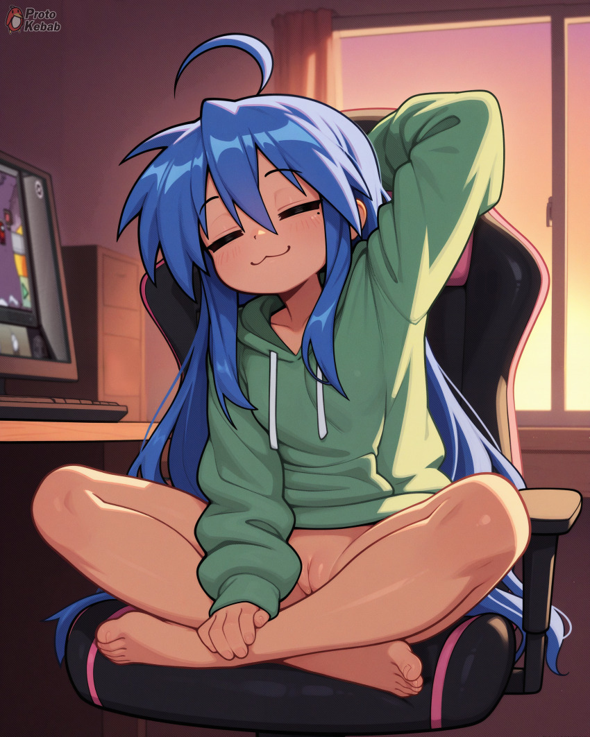 1girl :3 ahoge ai-assisted among_us arm_up bedroom blue_hair chair cleft_of_venus closed_eyes evening female_focus gaming_chair green_hoodie hood hoodie huge_filesize indian_style izumi_konata loli long_hair lucky_star mole mole_under_eye no_pants on_chair oversized_clothes protokebab pussy sitting solo swivel_chair uncensored