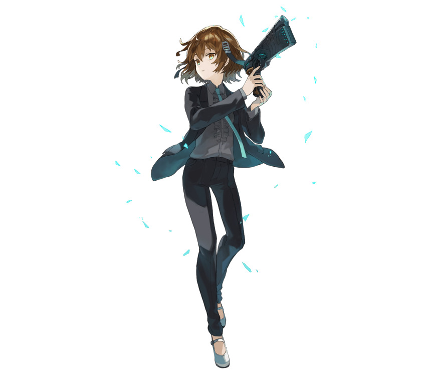 1girl aqua_necktie black_jacket black_pants blouse brown_eyes brown_hair cosplay full_body grey_shirt gun highres holding holding_gun holding_weapon jacket longinus_(phantom_of_the_kill) necktie official_alternate_costume official_art pants parted_lips phantom_of_the_kill psycho-pass shirt simple_background solo standing suit_jacket third-party_source transparent_background watarubou weapon
