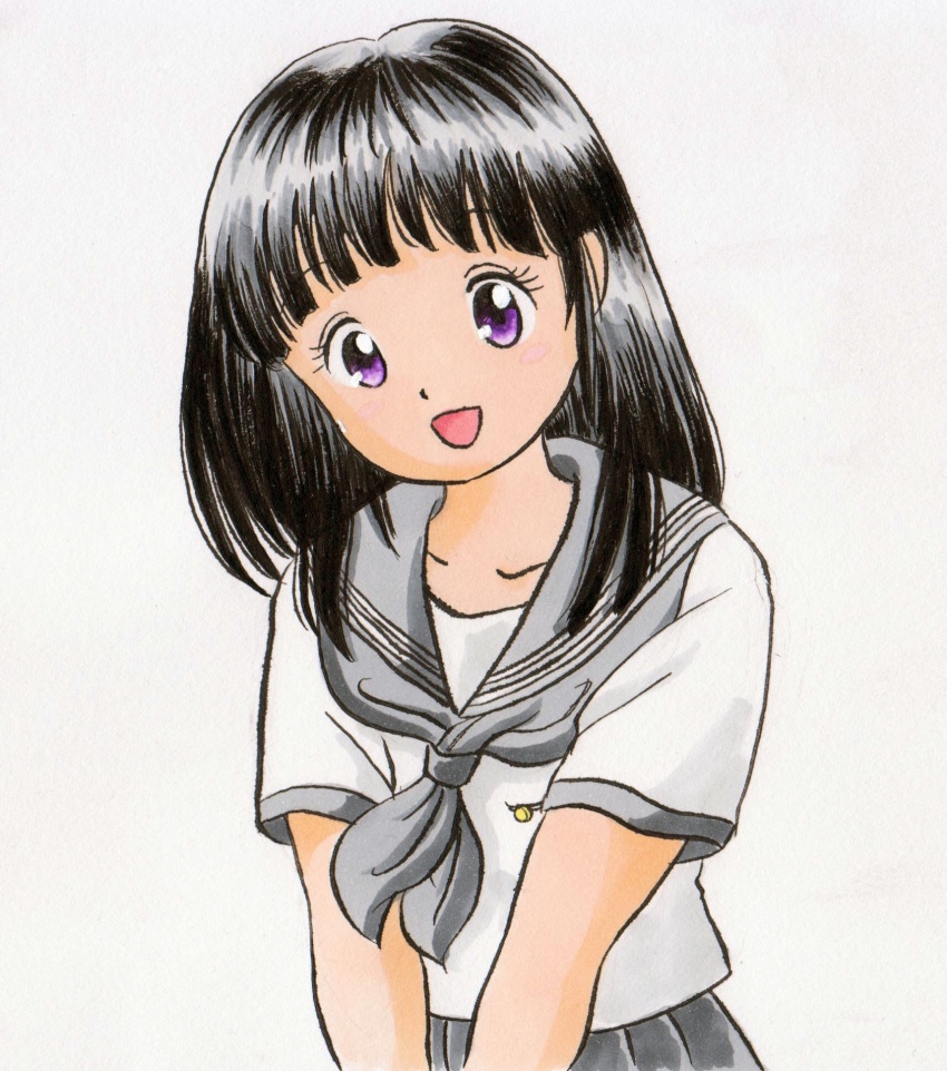 1girl black_hair blush breast_pocket chitanda_eru collarbone grey_neckerchief grey_skirt highres hyouka long_hair looking_at_viewer marup neckerchief open_mouth pocket purple_eyes school_uniform shirt short_sleeves skirt smile standing traditional_media upper_body white_background white_shirt