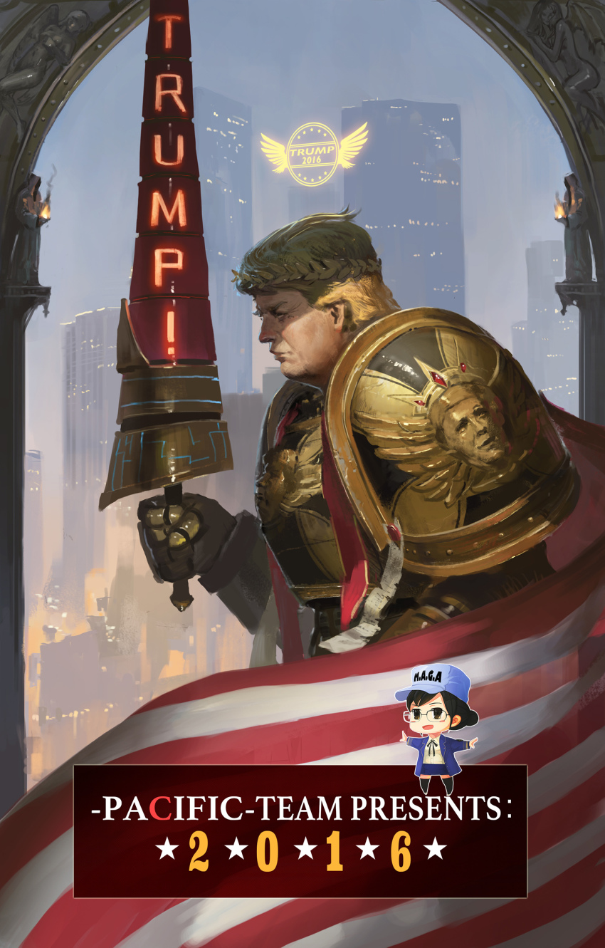 10s 2016 american_flag armor black_hair black_legwear black_ribbon blonde_hair blue_jacket blush blush_stickers building cape character_name chibi city city_lights closed_mouth clothes_writing column cosplay dated donald_trump dress_shirt ea_(fate) emperor_of_mankind emperor_of_mankind_(cosplay) fate_(series) fire flag from_side games_workshop gauntlets glasses gold gold_armor hair_bun hand_up hat highres holding holding_weapon jacket jeanex kantai_collection king knight laurel_crown laurels long_sleeves male_focus manly neck_ribbon nose open_clothes open_jacket open_mouth ornate ornate_armor outstretched_arms pacific_(kancolle) pauldrons pillar polearm politician power_armor power_suit profile real_life realistic ribbon shield shirt short_hair shoulder_armor shoulder_pads single_hair_bun sky skyscraper spread_wings striped thighhighs torch united_states uss_pennsylvania_(bb-38) warhammer warhammer_40k weapon white_shirt wings wreath yellow_armor yellow_wings