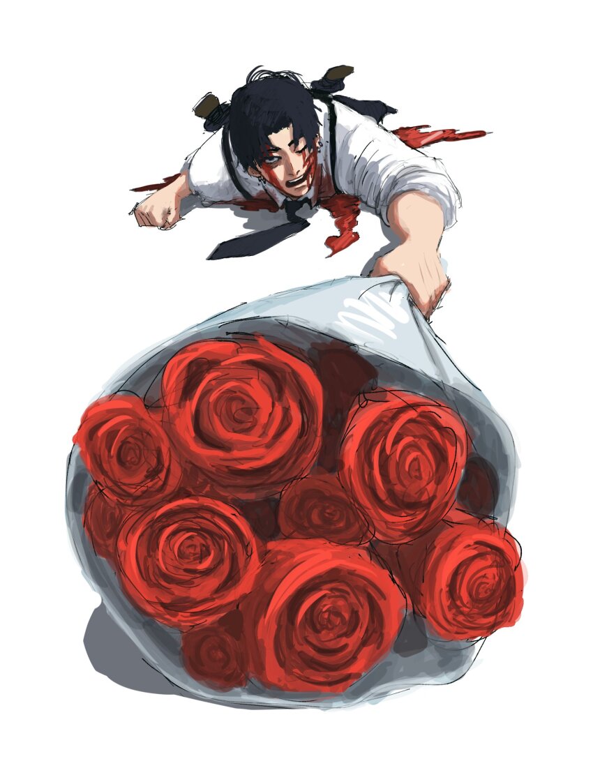 1boy black_eyes black_hair blood blood_on_face bouquet chainsaw_man commentary english_commentary flower highres holding holding_bouquet kishibe_(chainsaw_man) kishibe_(young)_(chainsaw_man) lying male_focus on_stomach one_eye_closed red_flower red_rose rose shirt simple_background solo suspenders titann white_background white_shirt