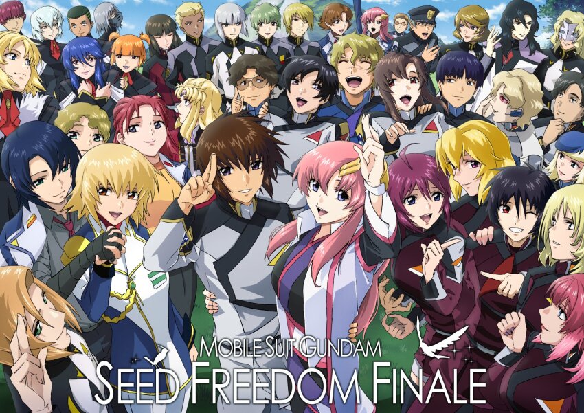 abbey_windsor agnes_giebenrath albert_heinlein alexei_konoe arnold_neumann arthur_trine athrun_zala aura_maha_khyber black_hair blonde_hair blue_eyes blue_hair brown_hair cagalli_yula_athha closed_eyes closed_mouth couple daniel_harper dark_skin dearka_elsman gilbert_durandal glasses green_eyes griffin_arbalest gundam gundam_seed gundam_seed_destiny gundam_seed_freedom hat heine_westenfluss highres ingrid_tradoll kira_yamato lacus_clyne liu_shenqiang long_hair long_sleeves lunamaria_hawke mask meer_campbell meyrin_hawke miguel_aiman military military_uniform miriallia_haw mu_la_flaga multiple_boys multiple_girls murrue_ramius natarle_badgiruel nicol_amafli open_mouth orange_hair orphee_lam_tao pink_hair purple_eyes rau_le_creuset red_eyes red_hair redelard_tradoll rey_za_burrel sai_argyle shiho_hahnenfuss shinn_asuka shirt short_hair shura_serpentine sky smile stellar_loussier takatoshi talia_gladys toyah_mashima yellow_eyes yzak_joule zaft_uniform