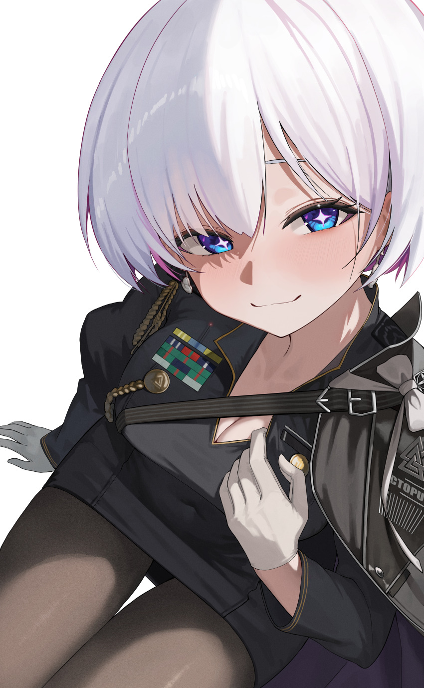 1girl absurdres black_dress black_thighhighs blue_eyes breasts che_(komulkomul48) cleavage commentary_request dress earrings from_above gloves goddess_of_victory:_nikke highres jewelry large_breasts liliweiss_(nikke) short_hair simple_background smile solo star-shaped_pupils star_(symbol) symbol-shaped_pupils thighhighs white_background white_gloves white_hair