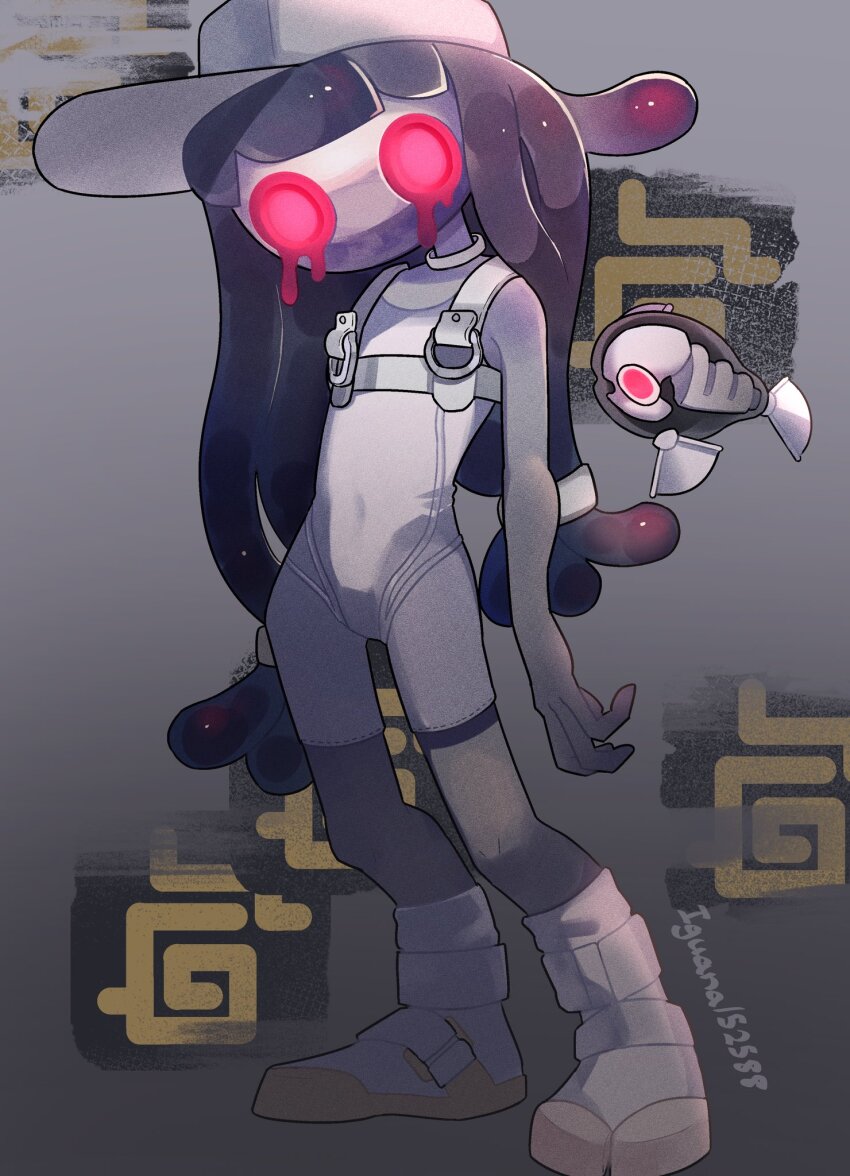 1girl baseball_cap bodysuit commentary cosplay english_commentary full_body gradient_background grey_background harmony&#039;s_clownfish_(splatoon) harmony_(splatoon) hat highres iguana152588 jelleton nintendo parallel_canon_(splatoon) red_eyes shoes simple_background sleeveless sleeveless_bodysuit socks solo splatoon_(series) splatoon_3 splatoon_3:_side_order standing swarming_languendo white_bodysuit white_hat white_shoes white_socks