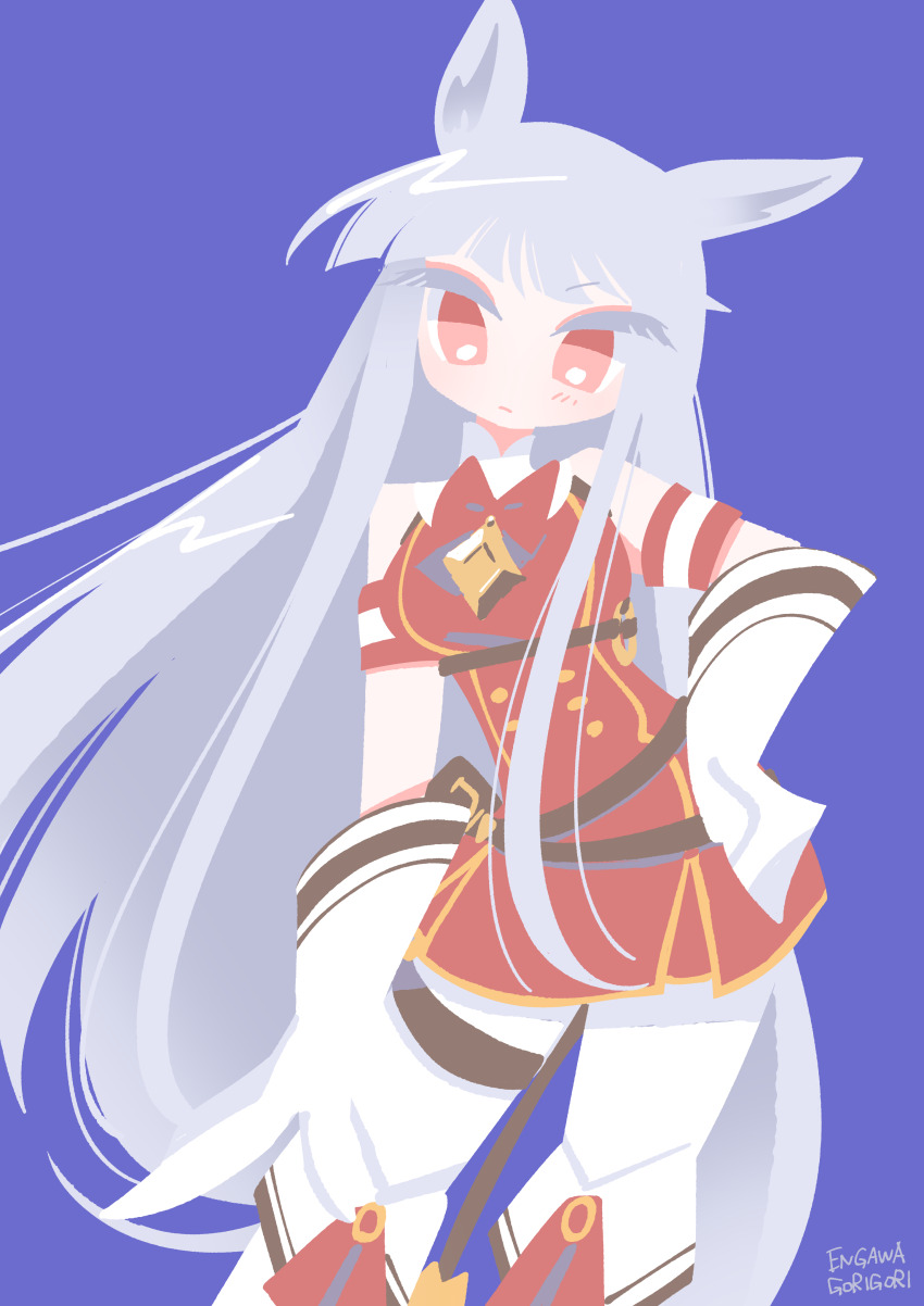 1girl absurdres animal_ears artist_name blue_background blunt_bangs breasts commentary_request dress engawa_(engawagorigori) eyelashes gloves gold_ship_(umamusume) grey_hair hand_on_own_hip highres horse_ears horse_girl horse_tail large_breasts light_frown long_hair looking_at_viewer pantyhose red_dress red_eyes sidelocks signature simple_background sleeveless sleeveless_dress solo tail umamusume very_long_hair white_gloves white_pantyhose