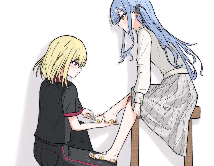 2girls bandaid bandaid_on_foot bang_dream! bang_dream!_it&#039;s_mygo!!!!! black_pants black_shirt blonde_hair blue_hair bruise chinese_commentary commentary_request grey_skirt hair_ribbon highres injury long_hair long_sleeves medium_hair misumi_uika momokan_1209 multiple_girls pants parted_lips plaid_clothes plaid_skirt purple_eyes ribbon shirt sidelocks skirt tearing_up togawa_sakiko white_shirt yellow_eyes
