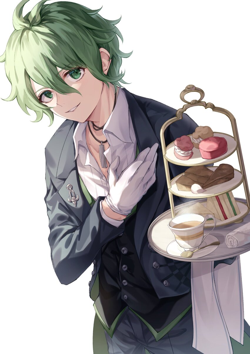 1boy absurdres amami_rantaro antenna_hair bishounen black_pants butler butler_bowing cake_stand collarbone commentary cup danganronpa_(series) danganronpa_v3:_killing_harmony eyelashes formal_clothes gloves green_eyes green_hair hair_between_eyes highres holding holding_tray jacket jewelry ka_po_su long_sleeves looking_at_viewer male_focus necklace pants partially_unbuttoned shirt short_hair sidelighting smile solo suit tailcoat teacup tray tuxedo upper_body vest waistcoat white_background white_gloves