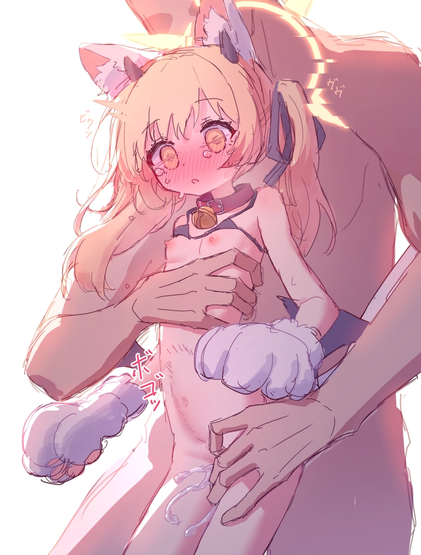 1boy 1girl animal_ear_fluff animal_ears animal_hands bell bikini bikini_top_only black_bikini blonde_hair blue_archive blush bottomless breasts cat_ears collar completely_nude cum cum_in_pussy cum_overflow demon_girl demon_wings distorted_halo empty_eyes faceless faceless_male fake_animal_ears gloves grabbing_another&#039;s_breast groping halo head_out_of_frame highres horns ibuki_(blue_archive) jingle_bell loli long_hair low_wings micro_bikini moron_(miroir1120) navel nipples nude orgasm paw_gloves ribbon sex sex_from_behind side_ponytail small_breasts standing standing_sex stomach stomach_bulge swimsuit tears thigh_grab torso_grab vaginal white_gloves wings yellow_eyes