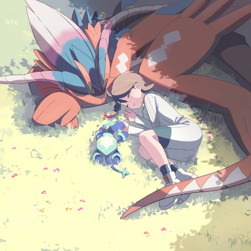 1girl ahoge braid brown_hair closed_eyes commentary day grass hair_ornament hands_up highres jacket juliana_(pokemon) koraidon long_sleeves lying nintendo on_side outdoors pokemon pokemon_(creature) pokemon_sv shadow shoes shorts sleeping socks suimoku_(hzdg5322) terapagos