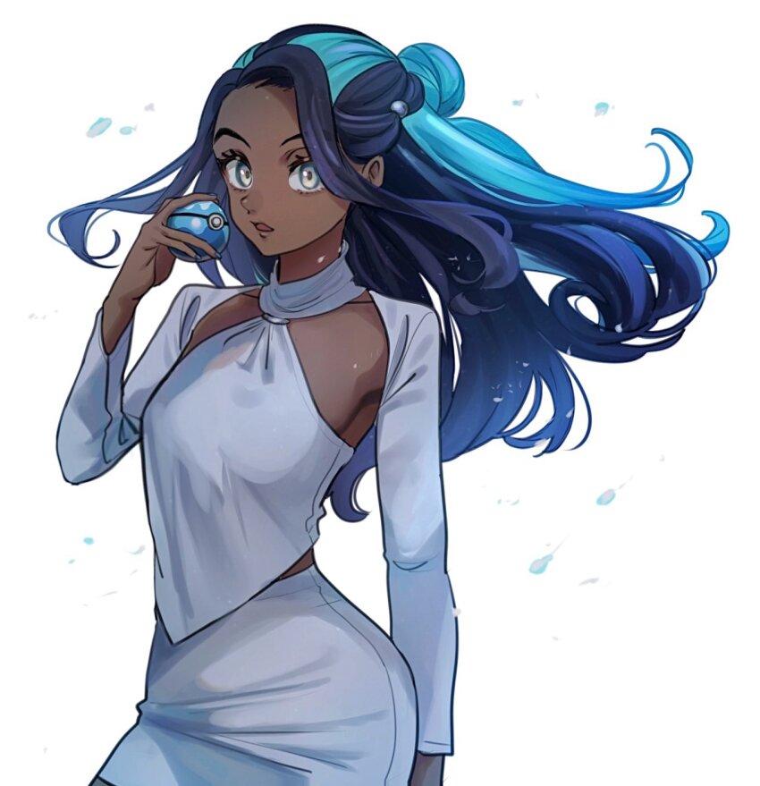 1girl alternate_costume black_hair blue_eyes blue_hair breasts dark-skinned_female dark_skin dive_ball echizen_(n_fns17) eyeshadow hair_bun highres holding holding_poke_ball long_hair makeup multicolored_hair nessa_(pokemon) nintendo open_mouth poke_ball pokemon pokemon_swsh shirt single_hair_bun skirt sleeveless solo two-tone_hair