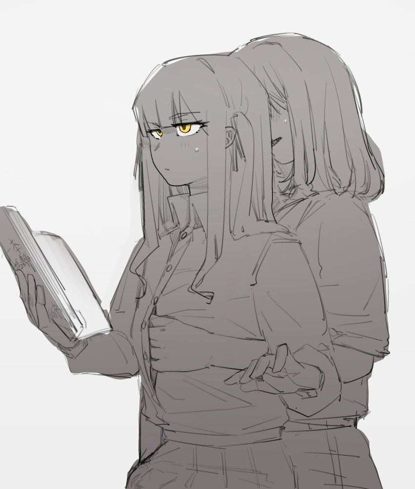2girls bang_dream! bang_dream!_it&#039;s_mygo!!!!! blush book chinese_commentary closed_mouth collared_shirt commentary_request grabbing_another&#039;s_breast greyscale groping hair_ribbon hand_under_clothes hand_under_shirt hand_under_skirt hatachi_(oo0713fee) highres holding holding_book implied_fingering long_hair long_sleeves misumi_uika monochrome multiple_girls pleated_skirt reach-around ribbon shirt skirt smile sweatdrop togawa_sakiko two_side_up yellow_eyes yuri