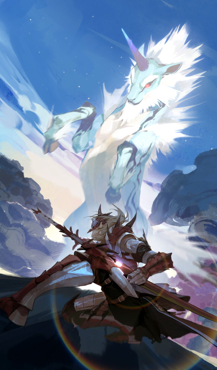 1boy absurdres arknights armor battle blonde_hair chinese_commentary cloud commentary_request crossover day floating_hair highres holding holding_sheath holding_sword holding_weapon horns kirin_(monster_hunter) mask monster monster_hunter_(series) noir_corne_(arknights) oni_horns qilin_(mythology) rathalos_(armor) rathalos_s_noir_corne_(arknights) red_armor sanbai_jin_ye_da_mao sheath short_hair single_horn sky sword unsheathing weapon