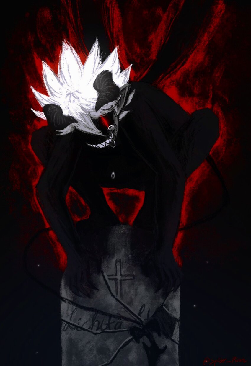 1boy aura black_clover black_horns black_skin broken colored_skin crying crying_with_eyes_open dark_aura demon_boy demon_horns demon_tail demon_wings grin hair_over_one_eye highres horns liebe_(black_clover) looking_at_viewer male_focus perching pointy_ears red_eyes sharp_teeth short_hair smile solo spider_rican spiked_hair squatting tail tears teeth tombstone white_hair wings |_|