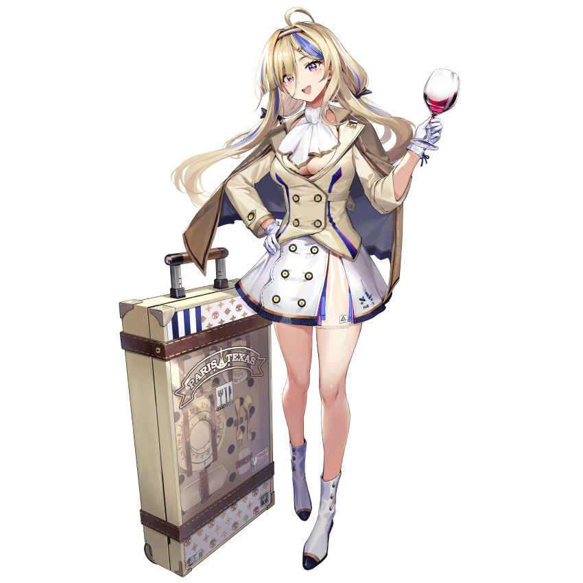1girl :d ahoge alcohol artist_request ascot blonde_hair blue_hair boots breasts buttons cleavage cup double-breasted drinking_glass full_body game_cg girls&#039;_frontline girls&#039;_frontline_neural_cloud gloves hand_on_own_hip highres holding holding_cup jacket long_hair millau_(neural_cloud) official_art open_mouth rolling_suitcase skirt smile solo sparkling_eyes standing suitcase tachi-e third-party_source transparent_background white_boots white_gloves white_skirt wine wine_glass yellow_jacket