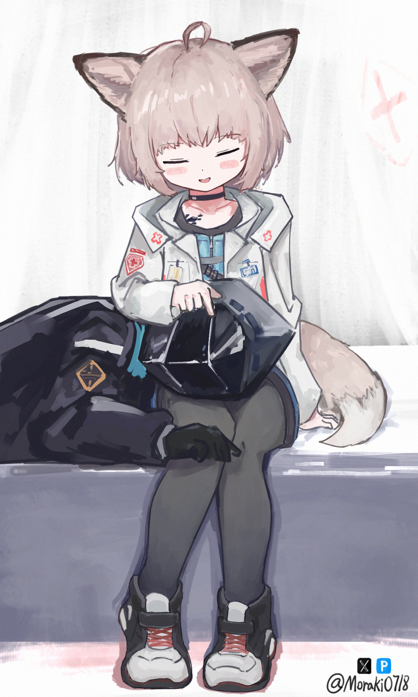 1girl 1other ahoge animal_ears arknights black_choker black_pantyhose blush_stickers brown_hair brown_tail chinese_commentary choker closed_eyes commentary cross doctor_(arknights) greek_cross grey_tail hand_on_another&#039;s_head headpat highres hood hood_up jacket knees_together_feet_apart lap_pillow long_sleeves material_growth moraki0718_(aoxiaoku) open_mouth oripathy_lesion_(arknights) pantyhose pixiv_logo red_cross short_hair sitting smile sussurro_(arknights) tail textless_version twitter_username twitter_x_logo watermark white_jacket