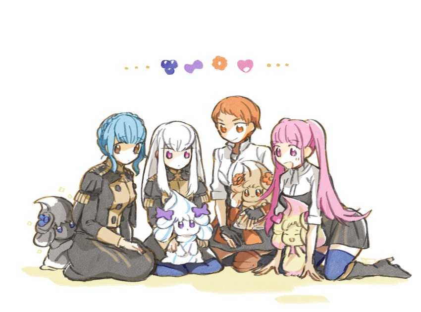 4girls ^_^ alcremie alcremie_(berry_sweet) alcremie_(caramel_swirl) alcremie_(flower_sweet) alcremie_(love_sweet) alcremie_(mint_cream) alcremie_(ribbon_sweet) alcremie_(ruby_swirl) alternate_color batoson54 blue_hair blue_pantyhose blue_thighhighs blueberry blunt_bangs boots braid brown_eyes closed_eyes closed_mouth crossover crown_braid female_focus fire_emblem fire_emblem:_three_houses food fruit full_body garreg_mach_monastery_uniform gen_8_pokemon high_heel_boots high_heels highres hilda_valentine_goneril knee_boots leonie_pinelli long_hair long_sleeves lysithea_von_ordelia marianne_von_edmund matching_hair/eyes multiple_girls nintendo open_mouth orange_eyes orange_hair pantyhose pink_eyes pink_hair pokemon pokemon_(creature) shiny_pokemon short_hair short_sleeves simple_background sitting sleeves_rolled_up thighhighs twintails white_background white_hair