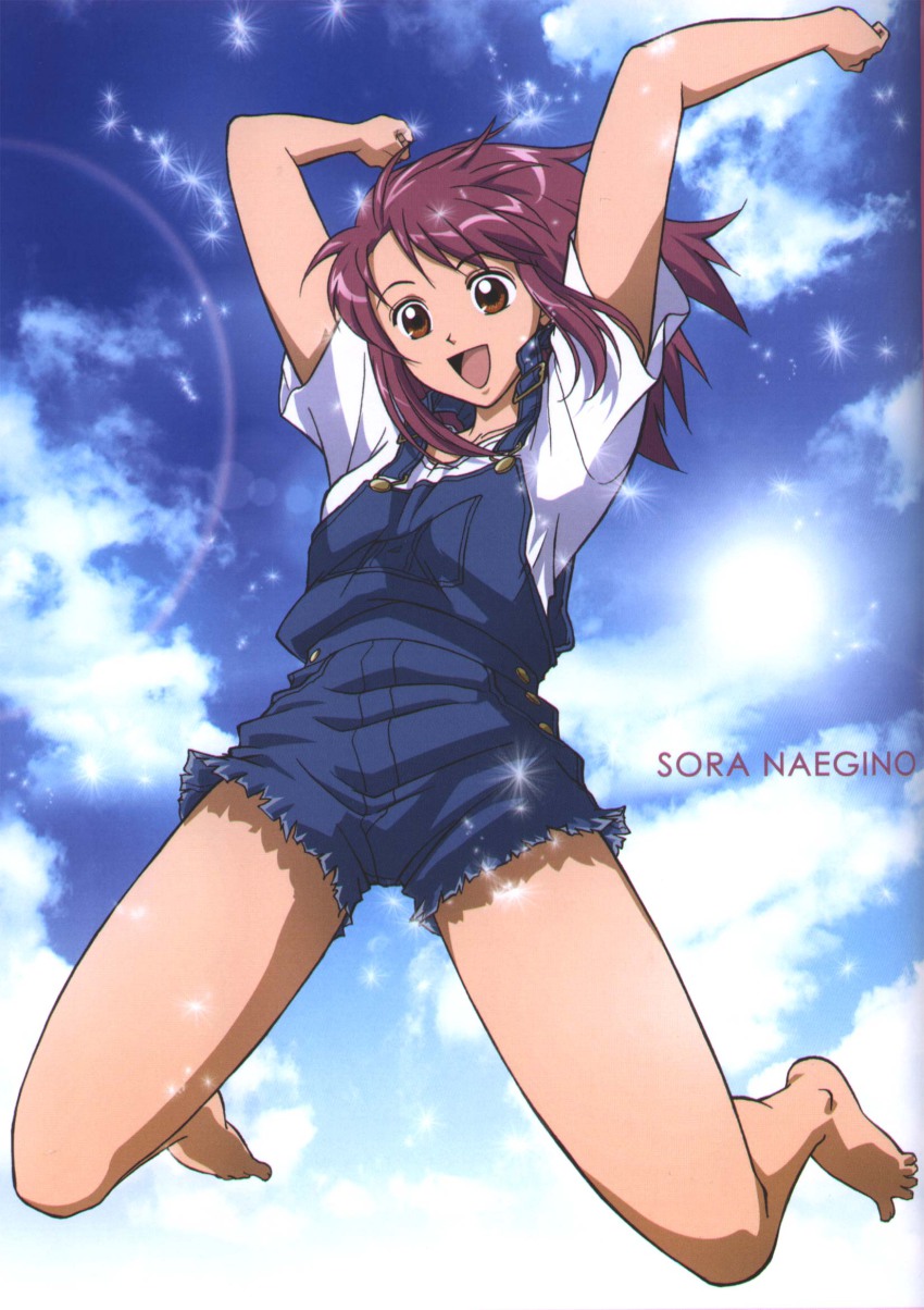 00s 1girl barefoot brown_eyes cloud feet female_focus gonzo highres jumping kaleido_star long_hair naegino_sora official_art open_mouth overalls purple_hair sky smile solo