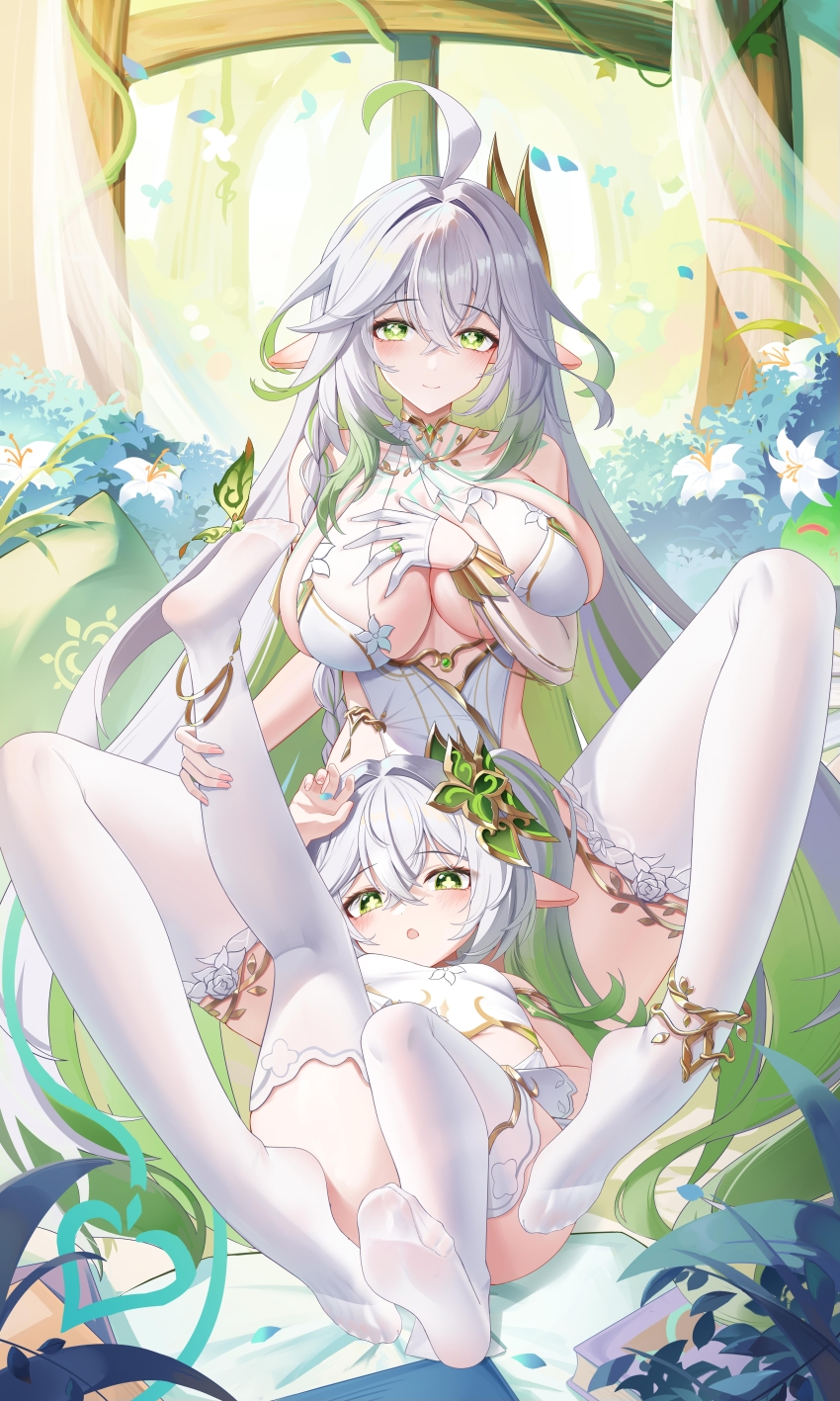 2girls :o absurdres ahoge alternate_costume blush braid breasts chinese_commentary cleavage closed_mouth commentary_request convenient_leg crystalfly_(genshin_impact) day feet fingernails foot_up genshin_impact gloves gradient_hair green_eyes green_hair hair_between_eyes hand_on_another&#039;s_leg hand_on_own_chest highres jndfh large_breasts long_hair looking_at_viewer multicolored_hair multiple_girls nahida_(genshin_impact) no_shoes open_mouth outdoors pointy_ears rukkhadevata_(genshin_impact) side_ponytail sitting smile star-shaped_pupils star_(symbol) symbol-shaped_pupils thighhighs very_long_hair white_gloves white_hair white_thighhighs