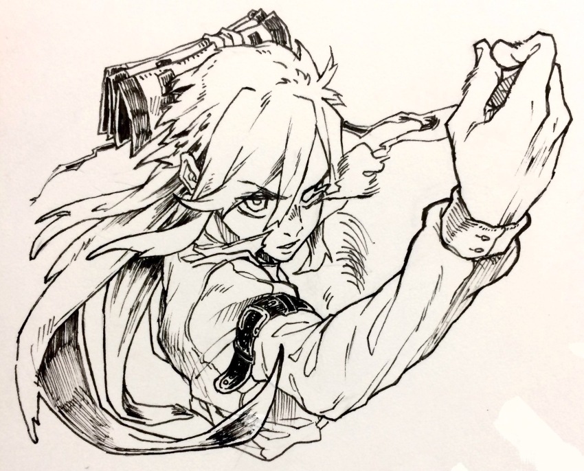 1girl akino_tsuki arm_belt bow commentary_request cropped_torso fujiwara_no_mokou hair_bow hand_up highres long_hair long_sleeves looking_at_viewer monochrome shirt smoke solo touhou traditional_media upper_body white_background