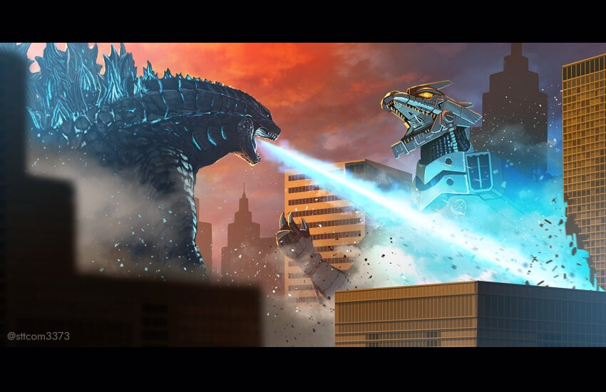 ammunition_backpack atomic_breath back_unit blue_eyes blue_sky breath_weapon building cannon city claws compound_eyes cyborg day debris destruction directed-energy_weapon dusk embers energy energy_beam energy_cannon energy_weapon giant giant_monster giant_robot gills glowing glowing_eyes glowing_gills glowing_spikes godzilla godzilla:_king_of_the_monsters godzilla_(series) godzilla_against_mechagodzilla jetpack kaiju kiryu_(godzilla) legendary_pictures lightning_rod maser_cannon mecha mechagodzilla missile_launcher missile_pod monster monsterverse mouth_beam mouth_cannon no_humans no_pupils open_mouth plasma plasma_beam red_sky robot rocket_launcher rocket_pod sharp_teeth shoulder_cannon sky skyscraper spikes suttoko teeth toho two-tone_sky type-99_twin_maser_cannon weapon yellow_eyes