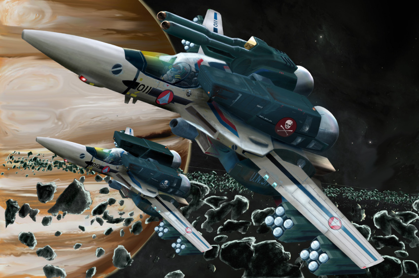 1980s_(style) 2boys cockpit gunpod i.t.o_daynamics ice ichijou_hikaru jolly_roger macross macross:_do_you_remember_love? maximilian_jenius mecha missile multiple_boys oldschool pilot pilot_suit planet realistic retro_artstyle robot rock saturn_(planet) science_fiction space spacecraft spacesuit u.n._spacy vehicle_focus vf-1 vf-1_strike vf-1_super vf-1a