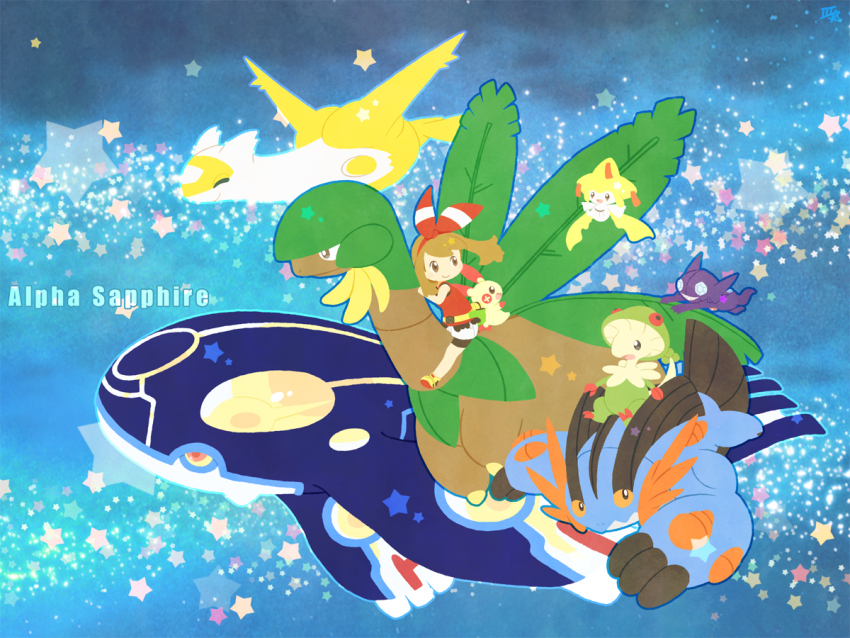 1girl alternate_color breloom brown_eyes brown_hair flying gen_3_pokemon jirachi kyogre latias legendary_pokemon looking_up may_(pokemon) mega_pokemon mega_swampert mythical_pokemon nintendo plusle pokemon pokemon_(creature) pokemon_oras primal_kyogre riding sableye samsung_(yuzuikka) shiny_pokemon sidelocks sitting smile star_(symbol) swampert tropius wings