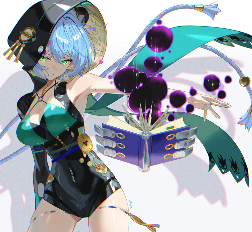 1girl armpit_focus armpits blue_hair book braid breasts cleavage commentary_request green_eyes hood long_hair looking_at_viewer lucia_elowen medium_breasts scottie_(phantom2) sleeveless solo thighs twin_braids very_long_hair zenless_zone_zero