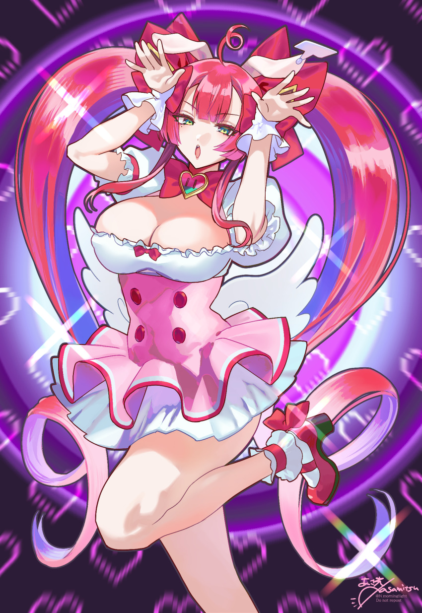 1girl angel_wings asamitsu_(n_morninglight) blush bow breasts brooch cleavage dress green_eyes high_heels highres jewelry large_breasts long_hair looking_at_viewer magical_girl mahjong_fight_girl mitsumoto_dia mole mole_under_eye open_mouth pink_dress pink_hair puffy_short_sleeves puffy_sleeves short_dress short_sleeves sidelocks skirt solo thighs twintails white_skirt wings wrist_cuffs