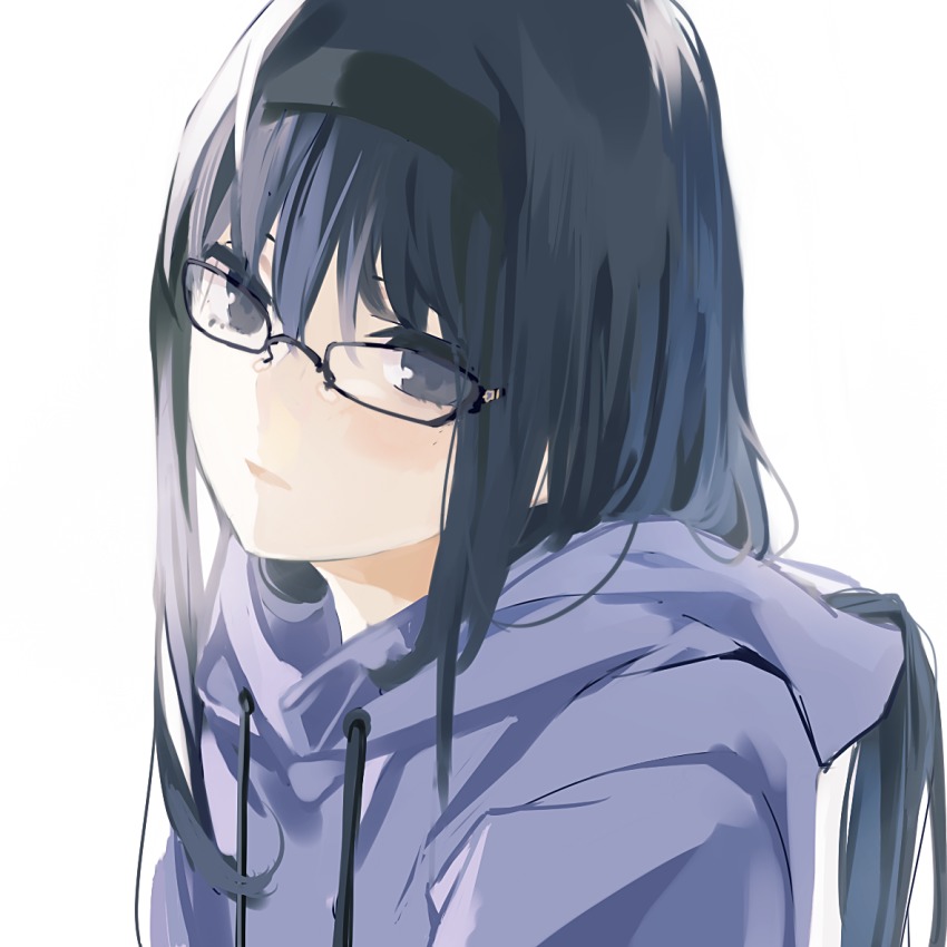 1girl akemi_homura black-framed_eyewear black_eyes black_hair commentary drawstring female_focus glasses hair_between_eyes head_tilt headband hood hood_down hoodie long_hair looking_at_viewer mahou_shoujo_madoka_magica mahou_shoujo_madoka_magica_(anime) parted_lips purple_hoodie simple_background solo very_long_hair white_background zgxuke