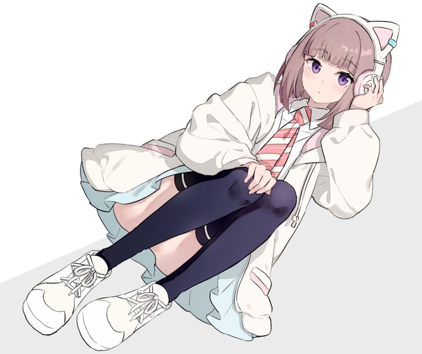 1girl animal_ear_headphones animal_ears black_thighhighs blue_skirt blunt_bangs bob_cut brown_hair cat_ear_headphones collared_shirt convenient_leg diagonal-striped_clothes diagonal-striped_necktie dress_shirt fake_animal_ears headphones highres hood hooded_jacket ikizulive!_love_live!_bluebird jacket long_sleeves looking_at_viewer love_live! migolu miniskirt necktie open_clothes open_jacket orange_necktie pleated_skirt purple_eyes sasaki_shion school_uniform shirt short_hair simple_background skirt solo striped_clothes thighhighs white_background white_jacket white_shirt
