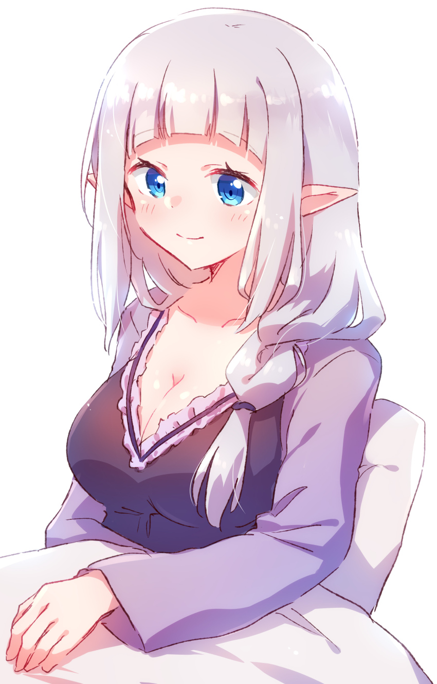 1girl absurdres arm_rest blanket blue_eyes blunt_bangs braid breasts cleavage closed_mouth collarbone dress eyelashes frilled_dress frills grey_hair hair_over_one_eye hair_over_shoulder highres isekai_nonbiri_nouka large_breasts light_blush long_hair long_sleeves looking_ahead low-braided_long_hair low-tied_long_hair nyaa_(nnekoron) pillow pointy_ears rurushi_ru simple_background single_braid sitting sketch smile solo two-tone_dress upper_body white_background