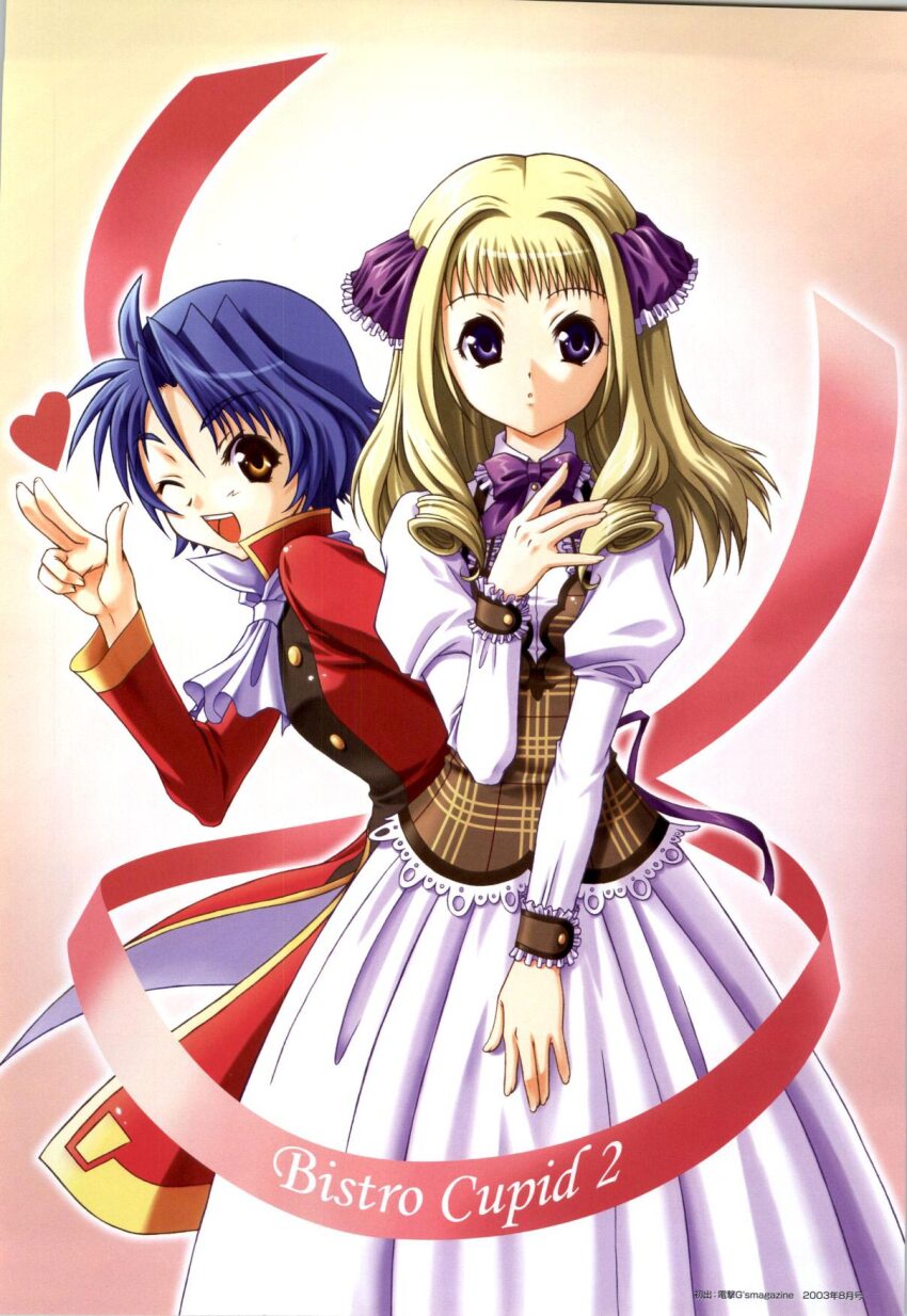 2girls :d ;d bistro_cupid bistro_cupid_(series) bistro_cupid_2 blonde_hair blue_eyes blue_hair bow coat copyright_name dress gradient_background hair_ornament heart highres long_sleeves looking_at_viewer multiple_girls necktie one_eye_closed open_mouth pandaki_(aki) purple_ribbon red_coat ribbon scan simple_background smile sorrel_nasturtium thyme_moschata white_dress white_necktie yellow_eyes