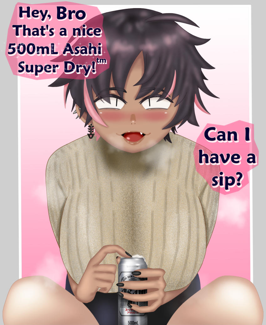 1girl alcohol asahi_breweries beer beer_can black_hair black_nail_polish black_nails blush bon_(vtuber) border breasts can crop_top cropped_legs dark-skinned_female dark_skin drink_can drunk ear_piercing earrings eddarxart english_text fang fang_out fish_skeleton fish_skeleton_earrings foam froth grey_eyes highres holding holding_beer holding_can huge_breasts indie_virtual_youtuber jewelry leaning_forward legs looking_at_viewer messy_hair miniskirt mob_face multicolored_hair nail_polish naughty_face opening_can parted_lips pencil_skirt piercing pink_background pink_hair pov pov_crotch ribbed_sweater sanpaku short_hair simple_background single_earring skirt slit_pupils smile smug speech_bubble steam streaked_hair sweater talking teasing tomboy translated turtleneck turtleneck_sweater two-tone_hair very_short_hair virtual_youtuber white_border white_sweater