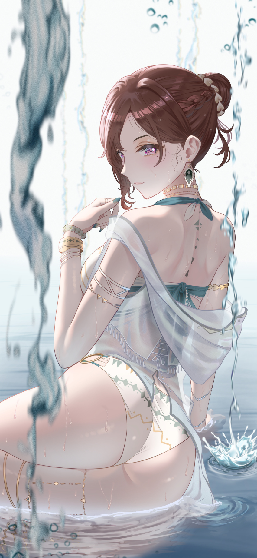 1girl absurdres arm_support ass asymmetrical_sidelocks bikini blush bracelet breasts brown_hair hair_bun highres higuchi_madoka idolmaster idolmaster_shiny_colors jewelry kagari_naoto looking_at_viewer looking_back medium_breasts mole mole_under_eye red_eyes reflection reflective_water shallow_water sidelocks single_hair_bun solo swimsuit water water_drop white_bikini
