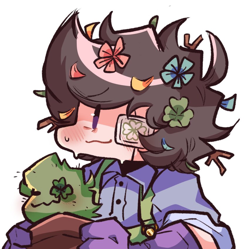 1boy ahoge blush branch brown_hair cactus cactus_boy closed_mouth clover clover_(tofuisstilltofu) clover_hair_ornament clover_print collared_shirt eyepatch flower flower_eyepatch flower_on_head petals flower_pot flowers_in_hair furrowed_brow gloves green_overalls hair_ornament hands_up highres holding holding_flower_pot holding_plant looking_at_viewer male_focus messy_hair nervous nervous_smile nervous_sweating one_eye_covered original overalls petal_on_head petals plant purple_eyes purple_gloves purple_shirt shirt short_hair simple_background sleeves_rolled_up smile solo stick_in_hair sweat tofuisstilltofu upper_body white_background white_eyepatch