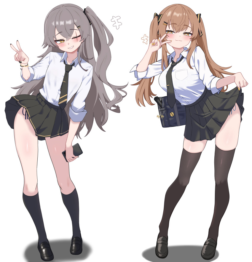2girls absurdres alternate_costume bag bag_charm black_bag black_bow black_nails black_necktie black_shoes black_skirt black_socks black_thighhighs blush bow breast_pocket breasts bright_pupils brown_eyes brown_hair cellphone charm_(object) clothes_lift collared_shirt dress_shirt drop_shadow fingernails full_body girls&#039;_frontline girls&#039;_frontline_2:_exilium grey_hair gyaru hair_bow hair_ornament hairpin half-closed_eyes hand_up highres holding holding_phone kneehighs kogal korean_commentary large_breasts lenna_(girls&#039;_frontline_2) leva_(girls&#039;_frontline_2) lifting_own_clothes loafers long_hair long_sidelocks looking_at_viewer miniskirt multiple_girls multiple_hairpins nail_polish necktie oldsickkim one_side_up parted_lips partially_unzipped phone pleated_skirt pocket satchel scar scar_across_eye scar_on_face school_bag school_uniform seductive_smile shadow shirt shirt_tucked_in shoes siblings side-tie_peek sidelocks simple_background sisters skindentation skirt skirt_lift sleeves_rolled_up smartphone smile socks standing taut_clothes taut_shirt tented_shirt thighhighs thighs three-quarter_sleeves tie_clip twintails ump45_(girls&#039;_frontline) ump9_(girls&#039;_frontline) v very_long_hair white_background white_pupils white_shirt wing_collar yellow_nails zettai_ryouiki
