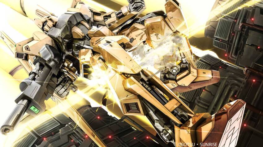 aeug bad_end battle beam_rifle cable copyright_logo damaged debris defeat duel energy_beam energy_gun exposed_internal_machinery fake_screenshot glowing gundam gundam_battle_operation_2 highres hyaku_shiki machinery mecha mecha_focus mobile_suit no_humans official_art painting_(medium) radio_antenna realistic robot scan science_fiction space space_habitat spoilers sunrise_(company) tenjin_hidetaka traditional_media weapon zero_gravity zeta_gundam
