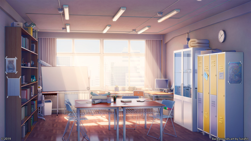 3d bookshelf cabinet highres indoors interior locker no_humans original scenery shadow sunlight surafin whiteboard window window_shadow