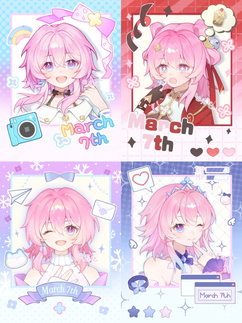 +_+ 1girl :d ;) ;d absurdres bare_shoulders black_choker black_gloves blue_eyes blue_hair blue_nails bra_strap camera character_name choker fingerless_gloves gloves gradient_hair hand_up heart highres honkai:_star_rail honkai_(series) jacket letter long_hair looking_at_viewer march_7th_(honkai:_star_rail) march_7th_(hunt)_(honkai:_star_rail) march_7th_(nascent_spring)_(honkai:_star_rail) march_7th_(preservation)_(honkai:_star_rail) multicolored_eyes multicolored_hair multiple_views nail_polish official_alternate_costume official_alternate_hairstyle one_eye_closed open_mouth paper_airplane pink_hair pointing_at_mouth portrait purple_eyes red_jacket ruo_qi shirt short_hair sleeveless sleeveless_turtleneck smile speech_bubble spoken_heart sweater thought_bubble tiara turtleneck turtleneck_sweater two-tone_eyes v white_shirt white_sweater